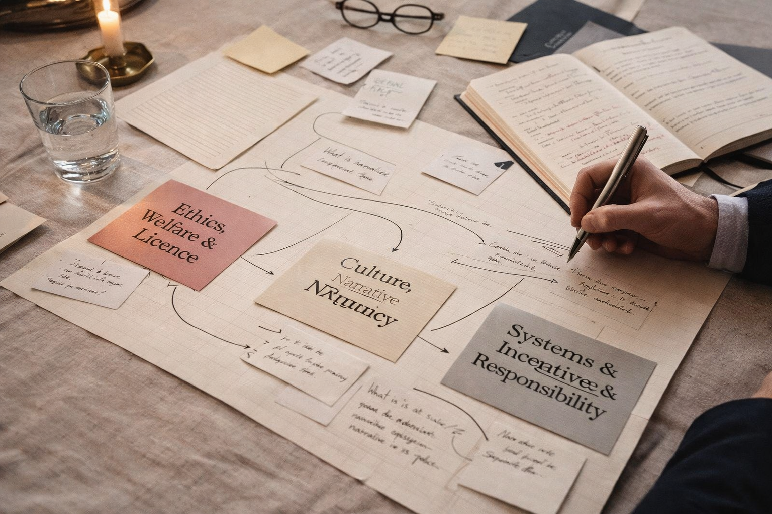 Editorial working setting suggesting structure, reflection and conversation design