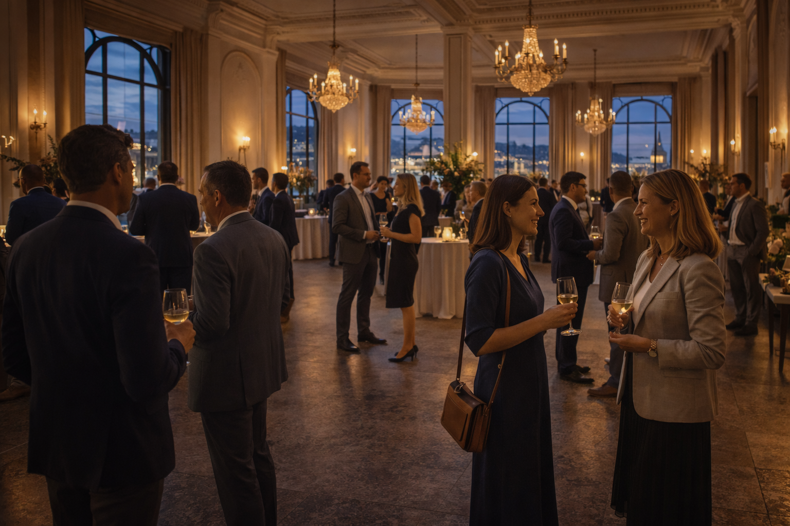 Editorial gathering showing guests in conversation