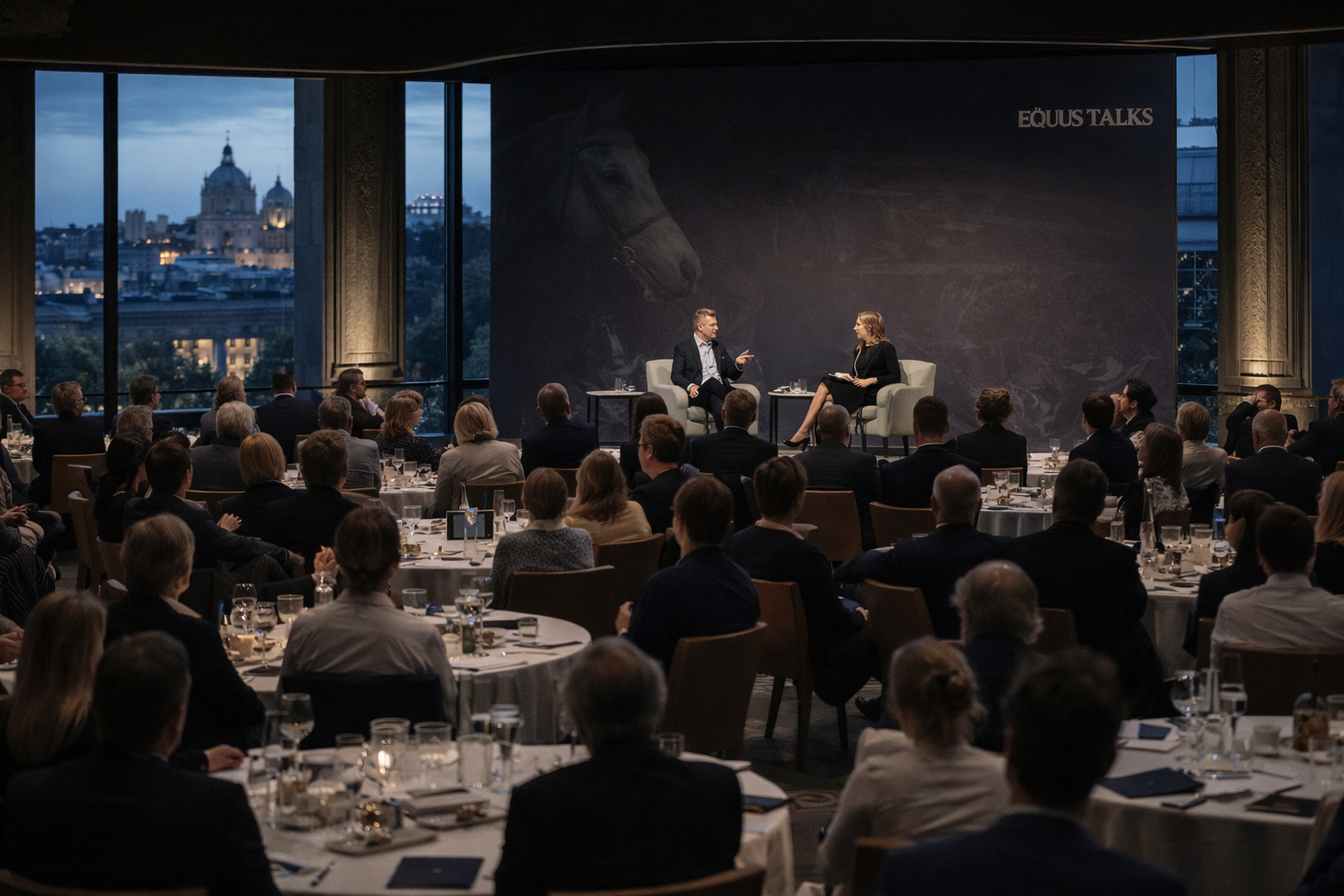 Editorial convening scene suggesting the four-city Equus Talks series