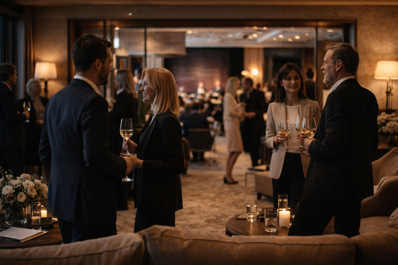 A small group of senior professionals in conversation in a refined private lounge before an event