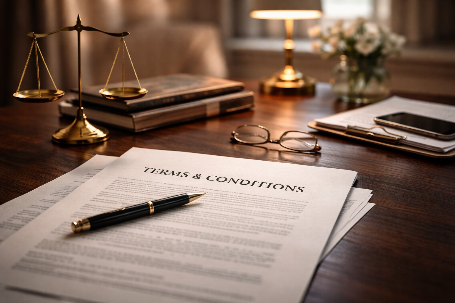 A refined legal and administrative desk scene suggesting governance, access conditions and formal website terms